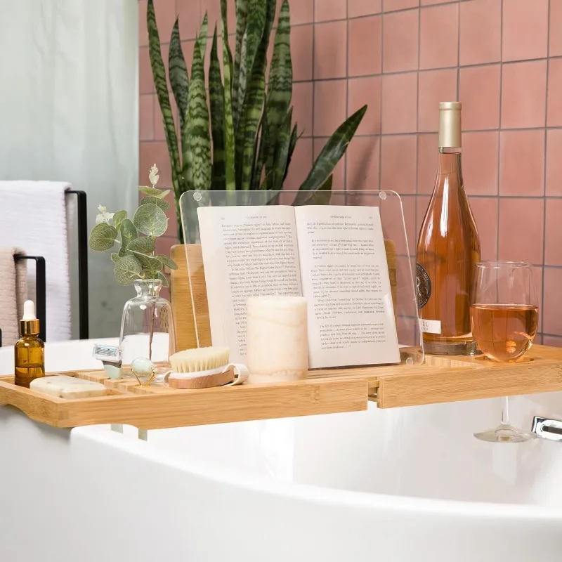 Bathtub Tray with Waterproof Shield Keeps Your Book Open – Extendable Bamboo Bath Tray with Wine Glass Holder - Luxury Bath