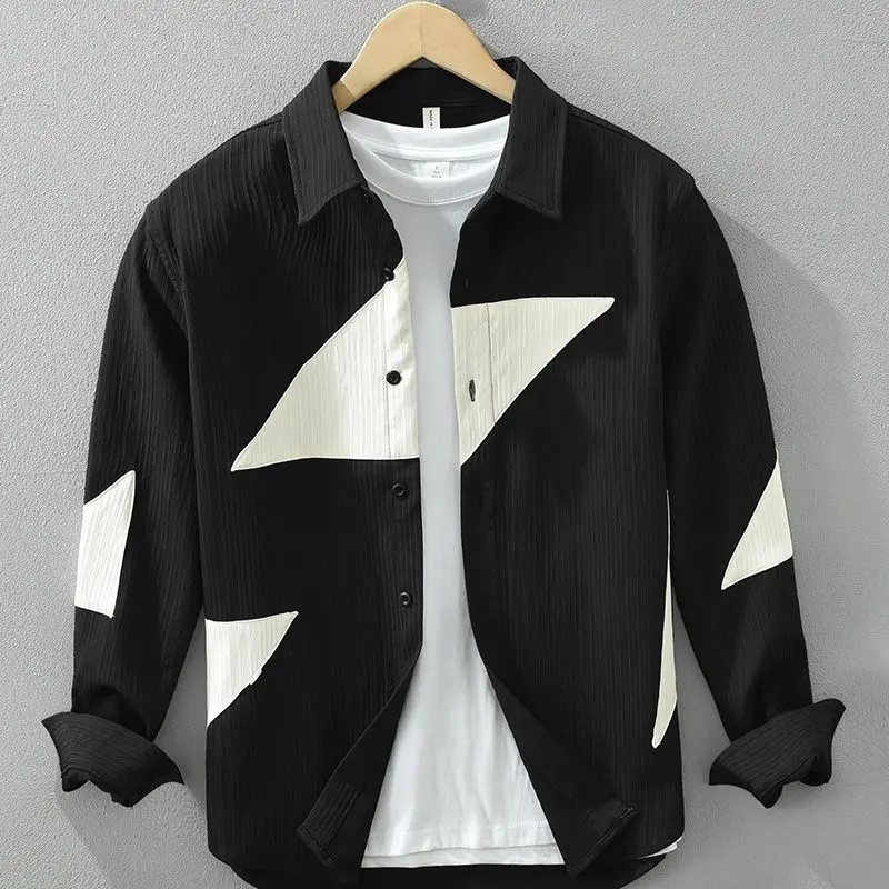 

Men's New Spring Autumn Contrast Patchwork Trend Blouse Long Sleeve Polo Neck Loose Fashion Shirt Tops Casual Korean Men Clothes