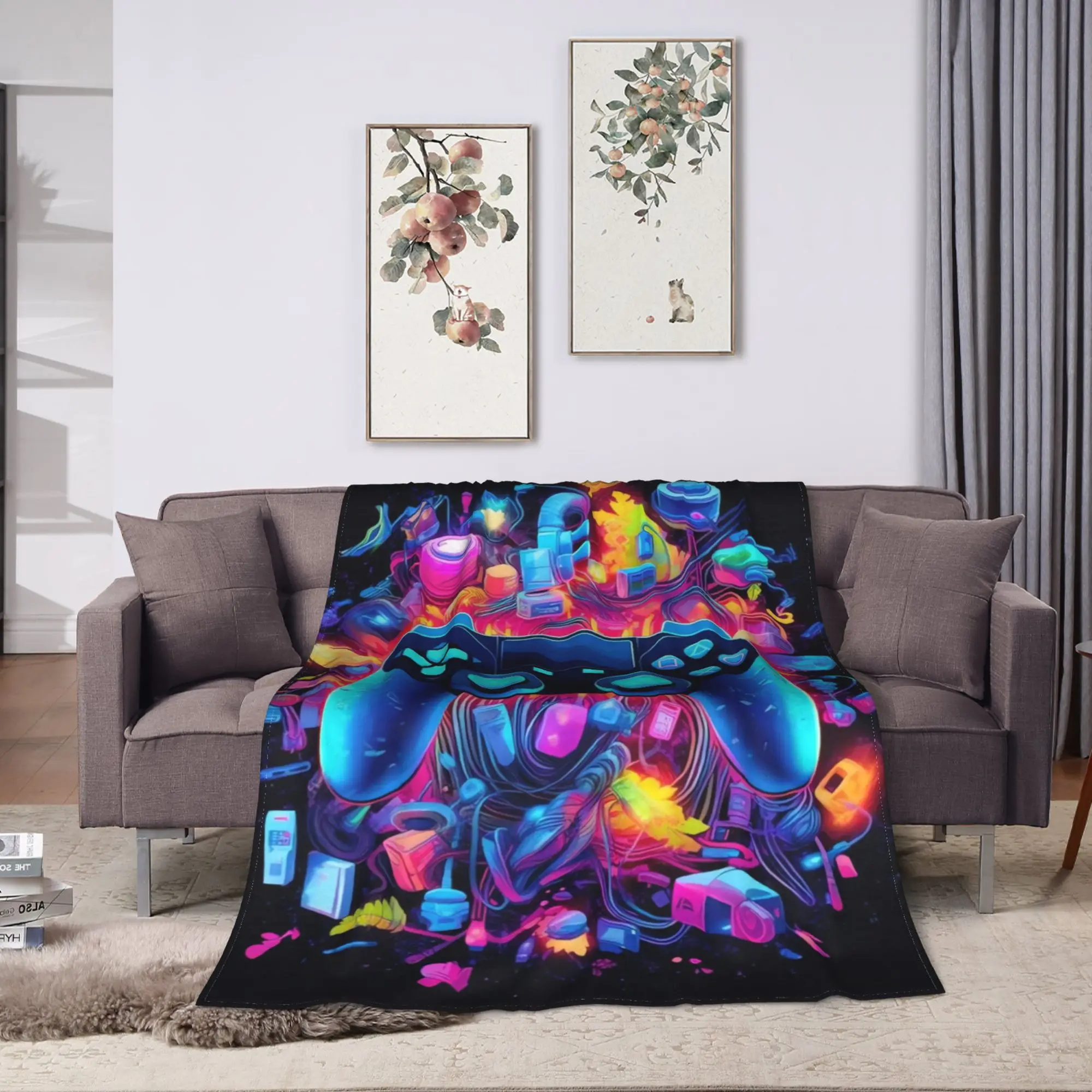 Glow-in-the-Dark Game Controller Blanket  Warm Soft Print Plush Throw Blanket For Outdoor Travel Flannel Bedspread Bed Cover
