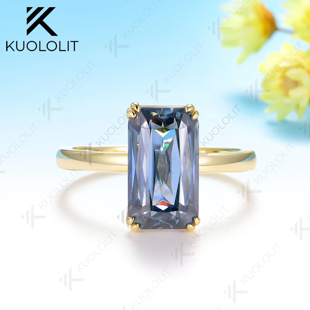 Kuololit 5CT متقاطع الأزرق مويسانيتي الدائري للنساء الصلبة 14K 18K الذهب الأصفر خاتم الخطوبة لهدايا عيد الميلاد الذكرى