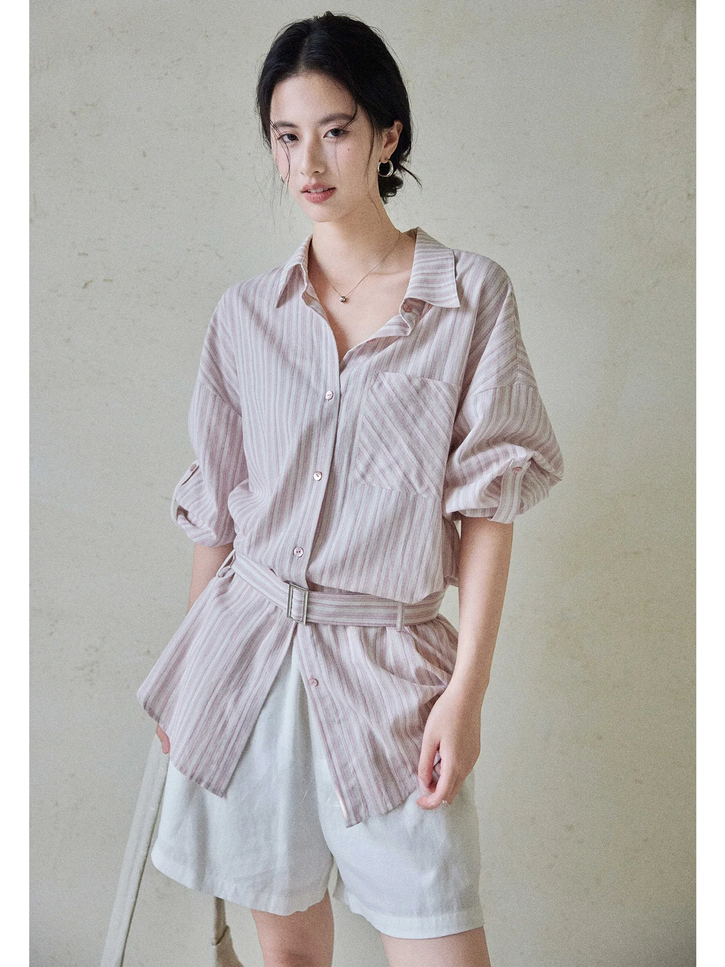 

Ele Pure Cotton Long Sve Women's irt Sakura Pink Stripes Design Breathable Comfortable Commute Sle Chinese Brand