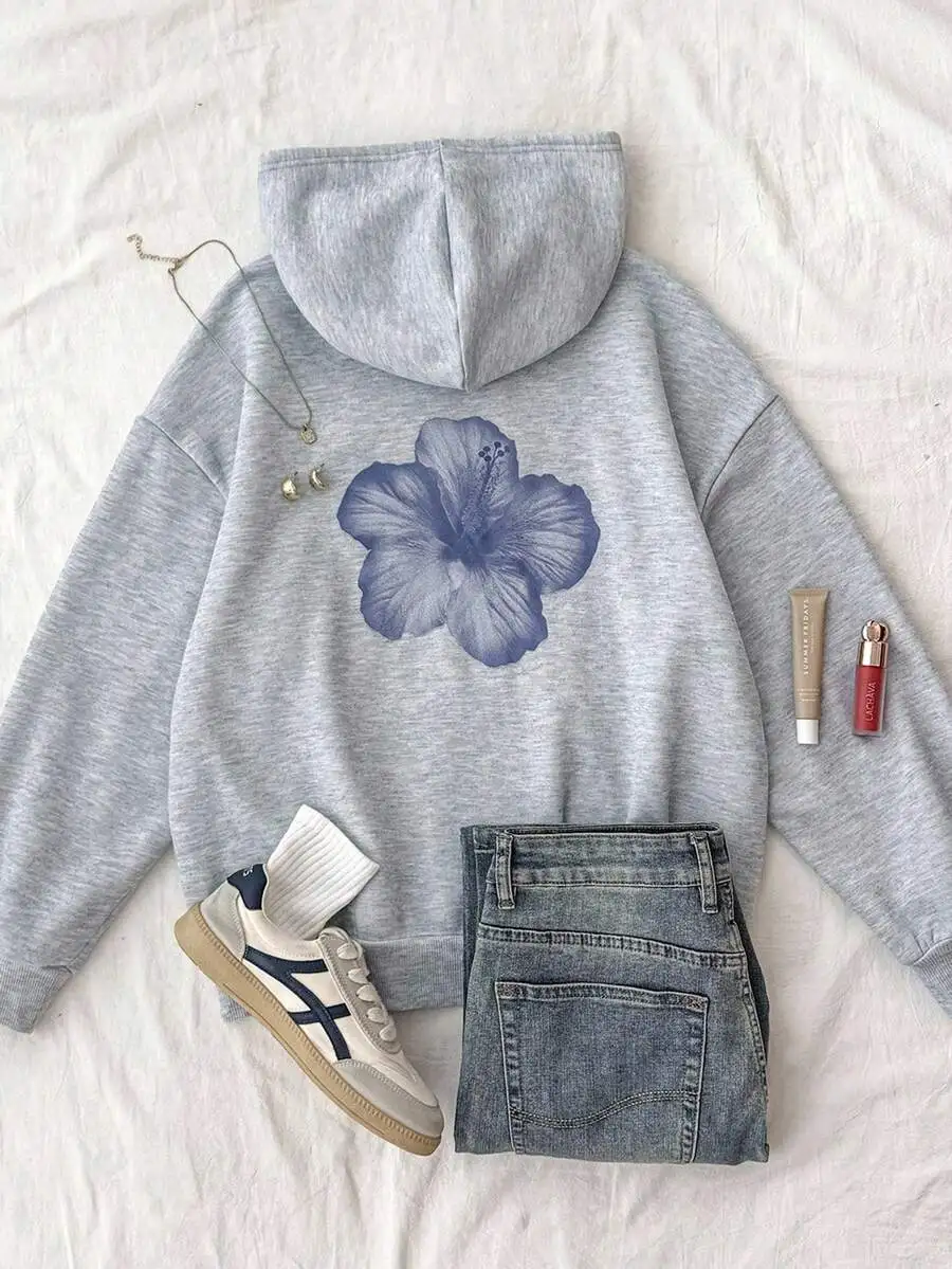 

Серый оверсайз худи с принтом синего гибискуса, повседневный пуловер с длинными рукавами для подростков