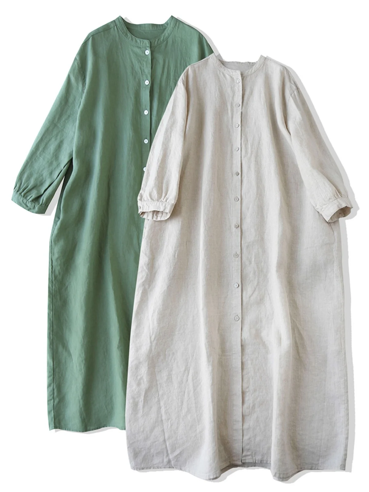 Women's Long irt Dr Pure Linen Cotton Linen Loose Fit Stand Collar Summer 2024  Color Casual Forest System