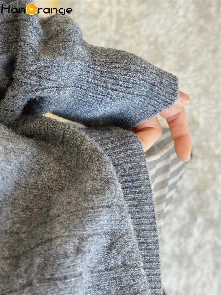 HanOrange 2025 Early Spring Lazy Twisted Flower Knitted 100% Wool Sweater Women Loose Comfortable Top Grey/Sea Blue