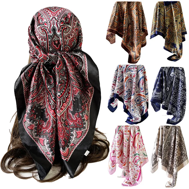 

90cm Square Scarf Shawl Silk Scarf Retro Cashew Printing Fashion Scarf Shawl Elegant Ladies Headscarf Square Scarf Sunscreen