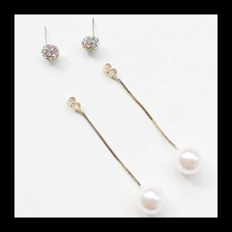 S925 الفضة إبرة الذهب اللؤلؤ أقراط طويلة مهدب الأذن خط مليئة بالماس AB اللون مزدوج ارتداء مزاجه بسيط علاج #3