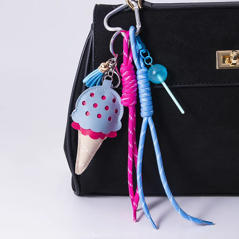 Women's Pendants Niche Leather Ice Cream Pendants Mini Lollipop Buns New Car Key Chains Pink Color Simple Fashion Funny Pendants