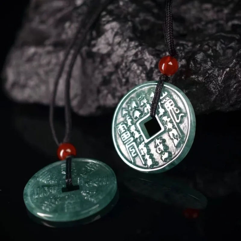 Natural Grade A Jadeite Blue Water Mountain Ghost Money Coin Small Bagua Jade Pendant for Men and Women