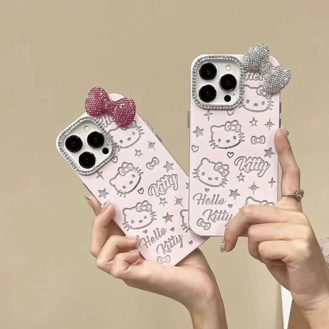 

Sanrio Kawaii Hello Kitty Glitter Mobile Phone Case Anime Cartoon Fashion Rhinestone Bow Mobile Phone Anti-fall Protective Cases