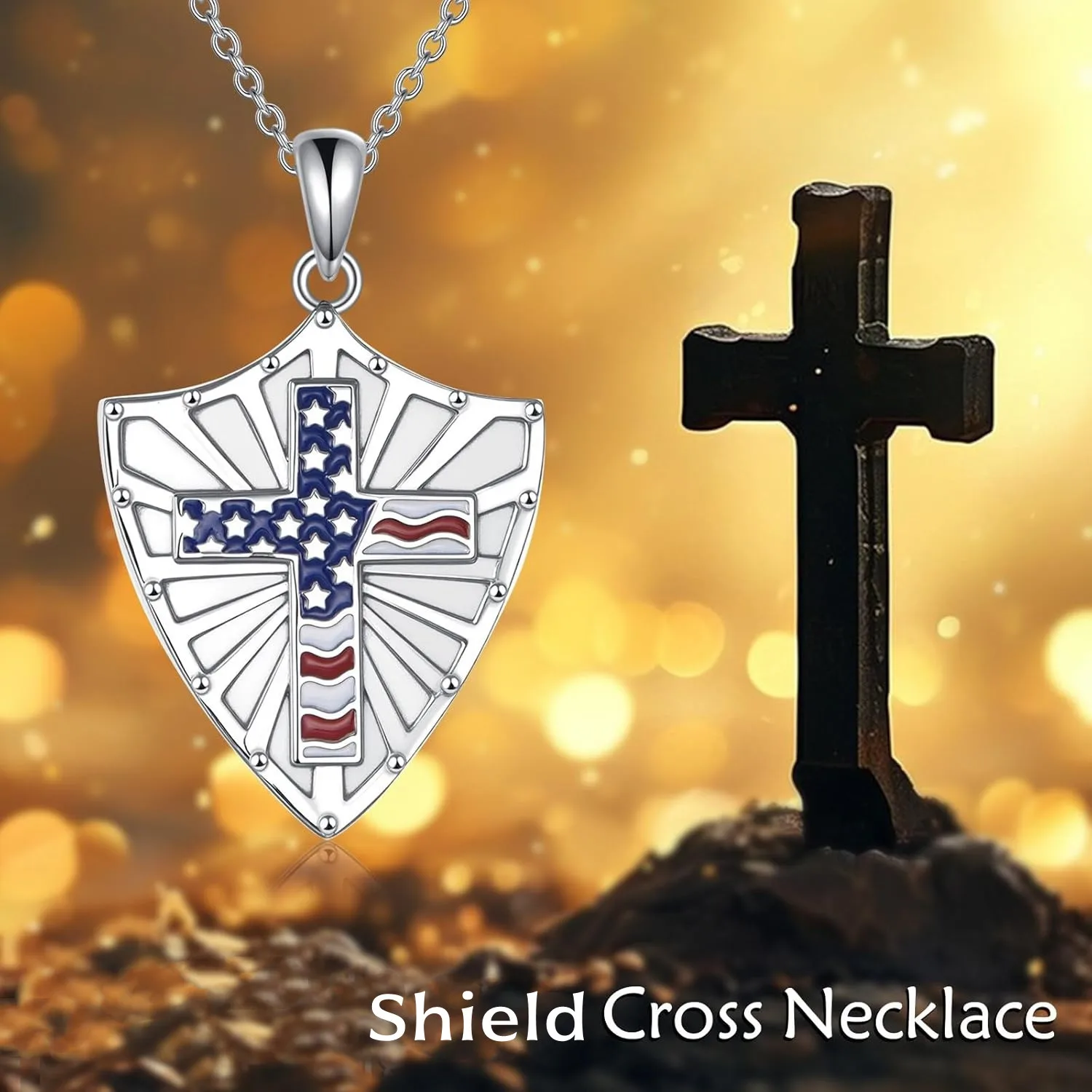 Patriotic Sacred Cross Shield American Flag Alloy Pendant Necklace for Daily Wear/Birthdays/Festival Gifts/Fantasy Lover Gift