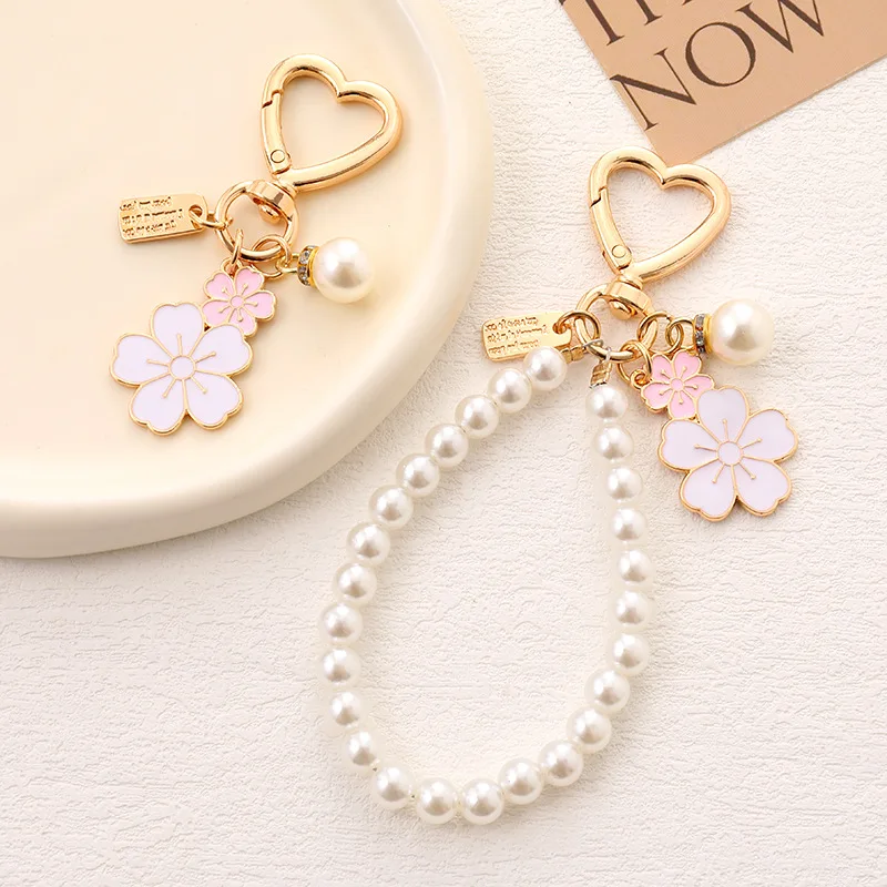 Lovely Cherry Blossoms Keychain Pearl Chain Letter Pendant Women Car Key Ring Headphone Case Charms Bag Decor Accessories