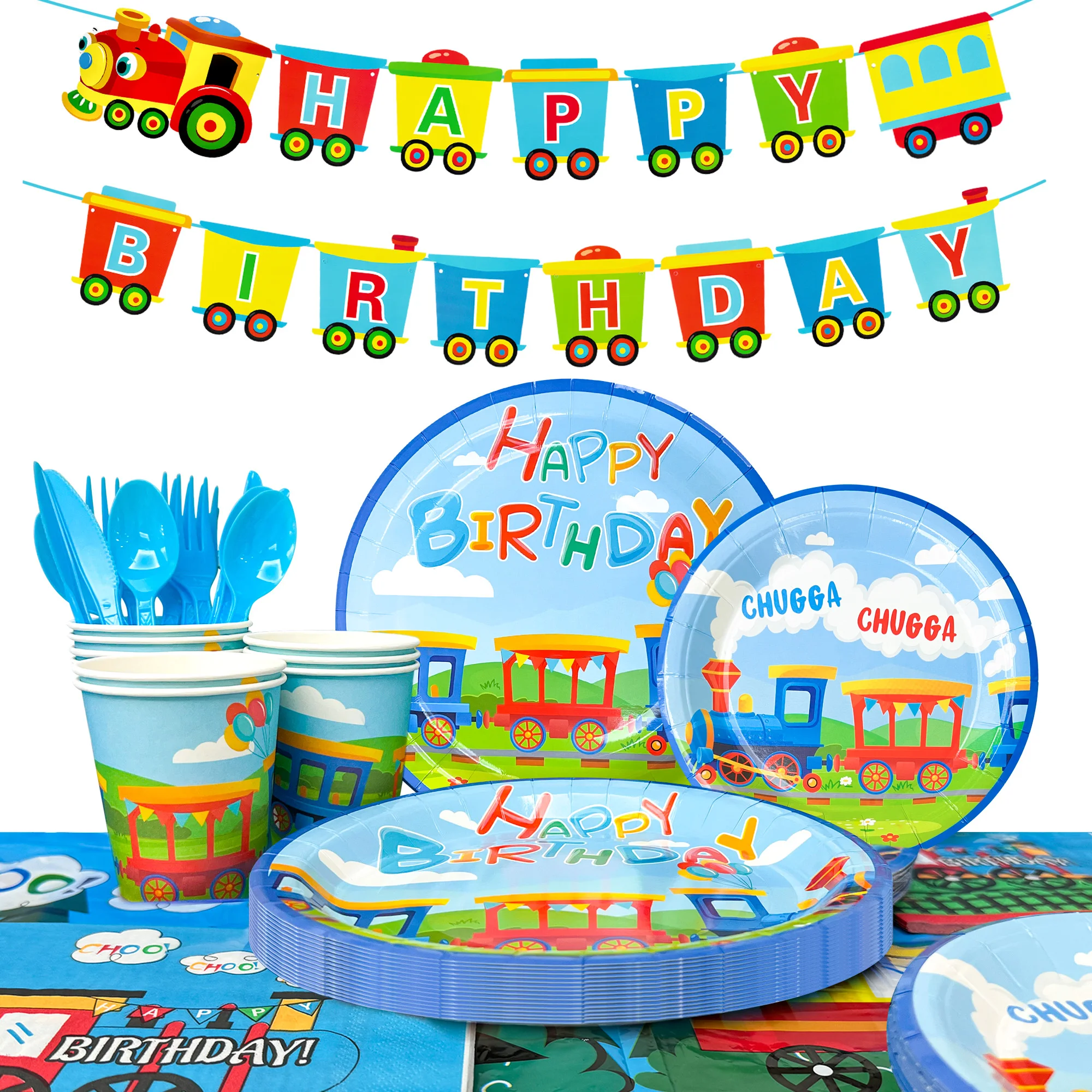 

Train Birthday Party Supplies,128pcs Decorations Tableware Set - Train Plates and Cups Napkins & Banner Tablecloth etc