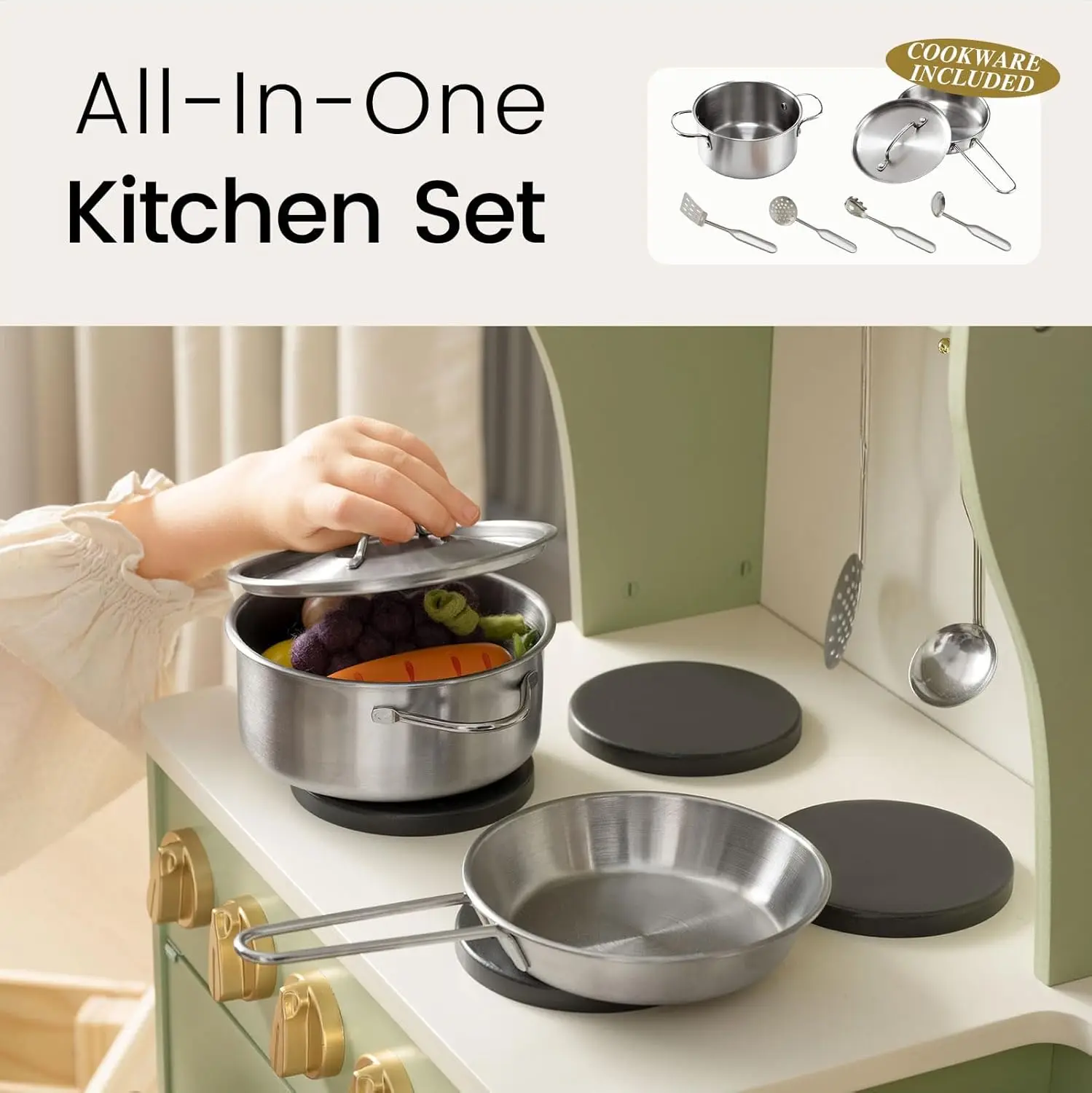 Kuchnia do zabawy dla dzieci, drewniana kuchnia do zabawy z systemem pojemnik na zabawki, zestaw kuchenny zabawek z dużą ilością funkcji do zabawy, dzieci bawią się w Kitc