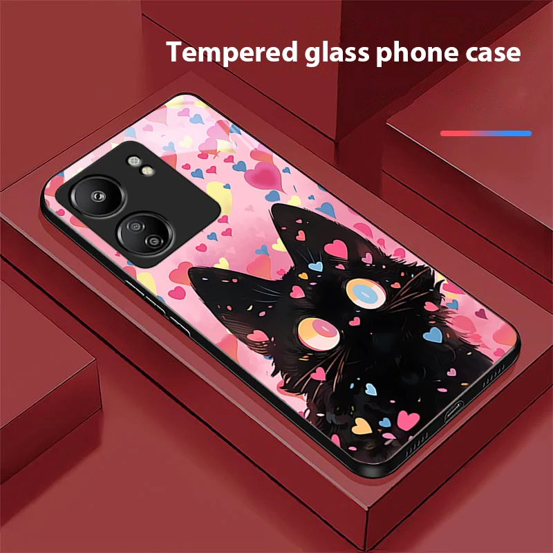 Cute Little Cat Black For Xiaomi Redmi 13C Note13 12 Pro Plus 5G Note 9 13T Pro POCO X6 F5 F6 Black Tempered Glass Phone Case