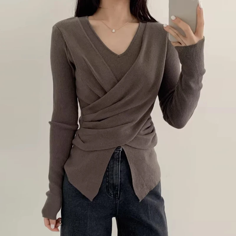 South korea Chic Autumn Retro Design Cross V-neck Irregular Pleat Slim fit Slimming Split Knit Women