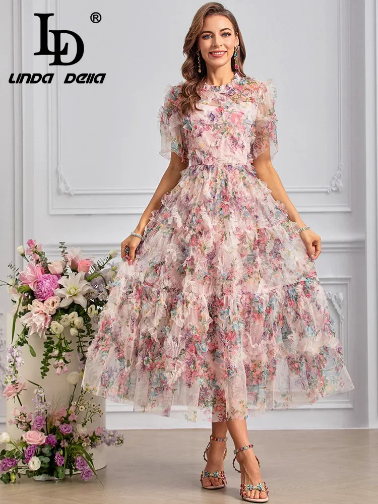 LD LINDA DELLA 2024 New Style Runway Designer Dresses Women's Bohemian Floral Print Net Yarn Cascading Ruffle Sexy Dresses