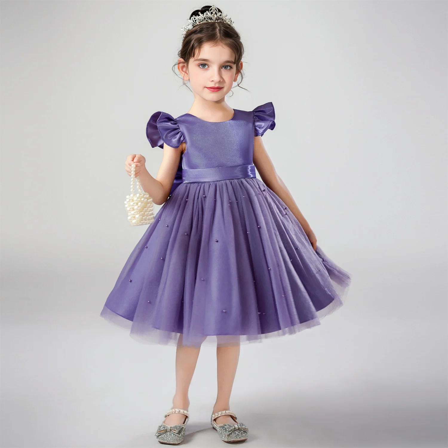 Kids Dress Bow Pink White Purple Party Birthday Pearl Ruffles Sleeve Gown Mini Cute Princess Outfits Flower Dress For Girl