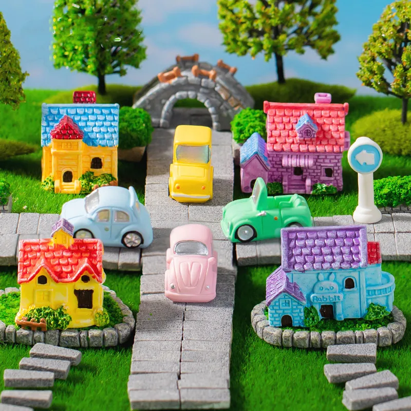 

Figurines Miniatures Simulated Cartoon Colorful House Car Micro Landscape Ornaments For Hoom Decorations DIY Desk Accessories