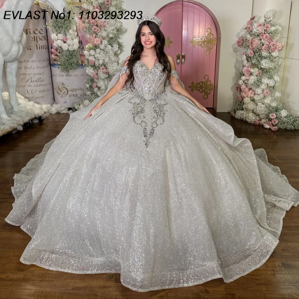

EVLAST Customized Glitter Silver Quinceanera Dress Ball Gown Shiny Lace Applique Beading Cape Sweet 16 Vestidos De 15 Anos AQ28