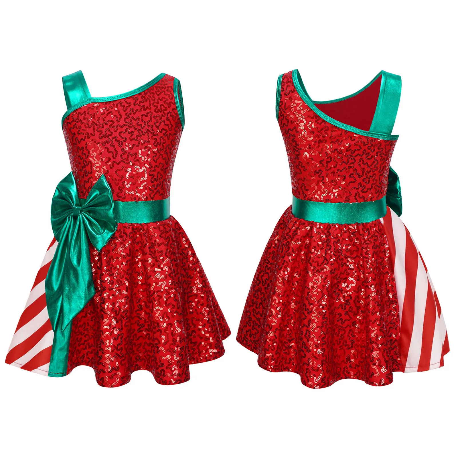 Traje de Navidad para niñas, sin mangas, lentejuelas brillantes, vestido de baile de Ballet, hombro asimétrico, lazo grande, Ropa de baile para patinaje