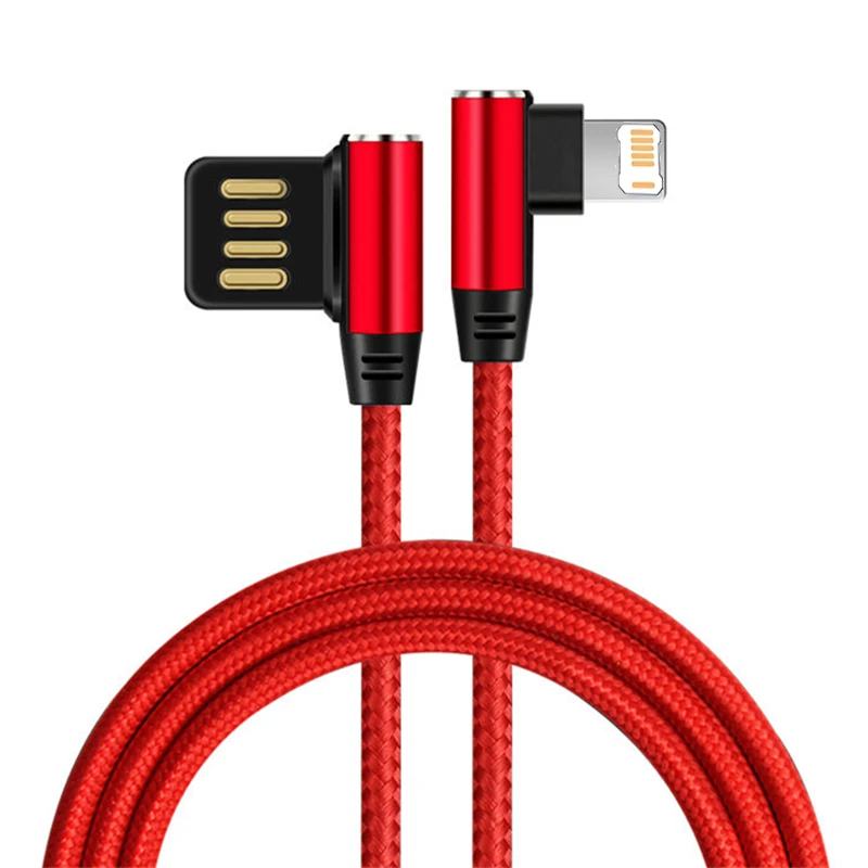 90 Degree Elbow Double Sided USB Fast Charge Cable For iPhone 11 12 13 14 Pro Max X XR XS 7 8 Plus Quick Charging Braided Cables