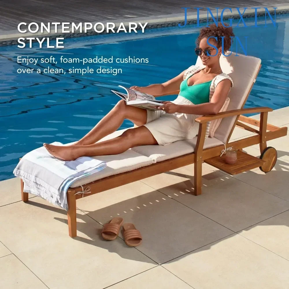 79x26in Acacia Wood Chaise Lounge Chair Recliner, Outdoor Furniture for Patio, Out Side Table,Foam-Padded Cushion,Wheels - Cream
