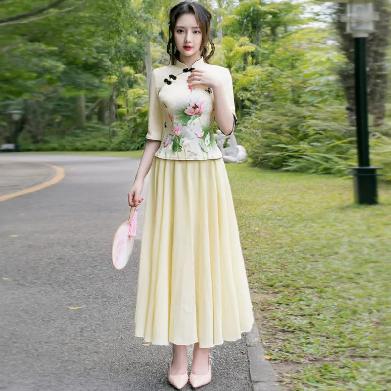 

Printing Slim Two-piece Hanfu Retro China Style Women Top Skirt Set Clothing Ethnic Traditional Tang Suit Blouses Orientale Ropa