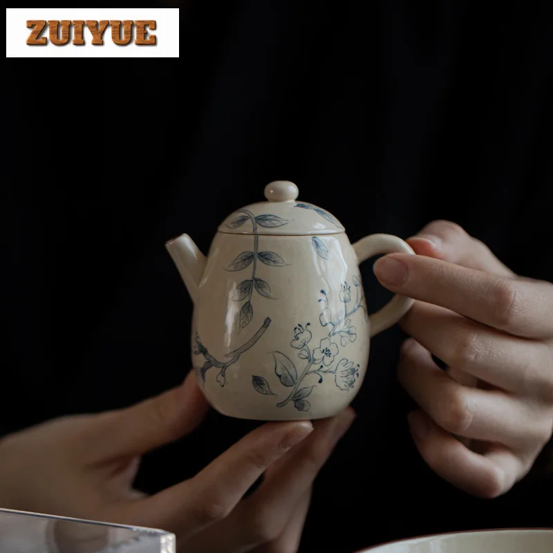 120ml Powder Yin Teapot Household Hand Drawn Green Vine Teapot Vintage Filter Pot Tea Brewing Kettle Tea Services Supplies Gifts