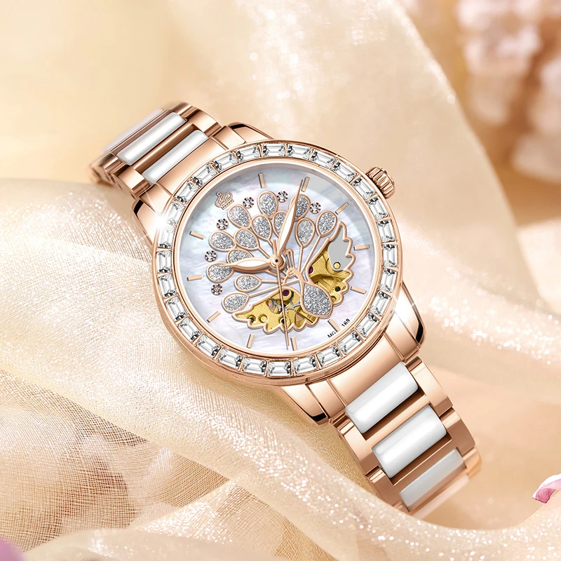 Top marque automatique mécanique femmes montre mode dames strass squelette or Rose céramique montres de luxe Reloj Mujer