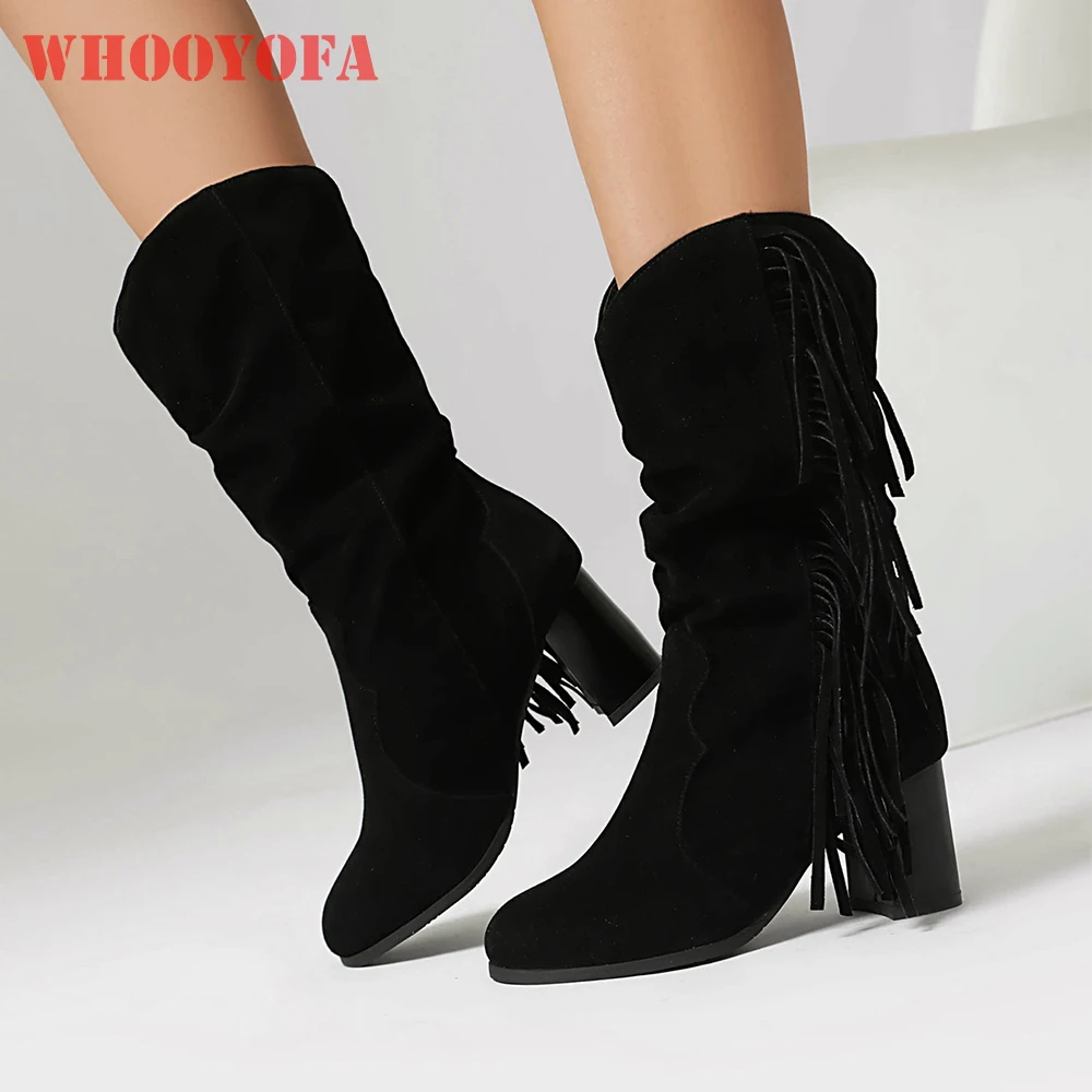 

2025 New Winter Fashion Black Apricot Women Slouch Boots Mid Calf High Heel Lady Party Shoes Plus Big Size 10 43 45 48
