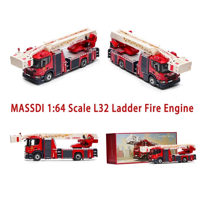 Massdi diecast escala 1:64 l32 escada motor de bombeiros liga modelo de carro coleção lembrança exibição estática ornamentos presente