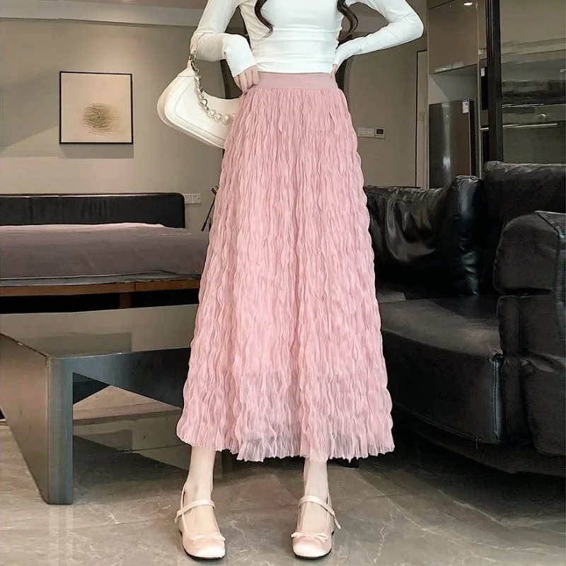 French Style Fashion Summer New Women's Solid Elastic Waist Pleated Gauze Simplicity Versatile High Waist Mid-length A-line Skir