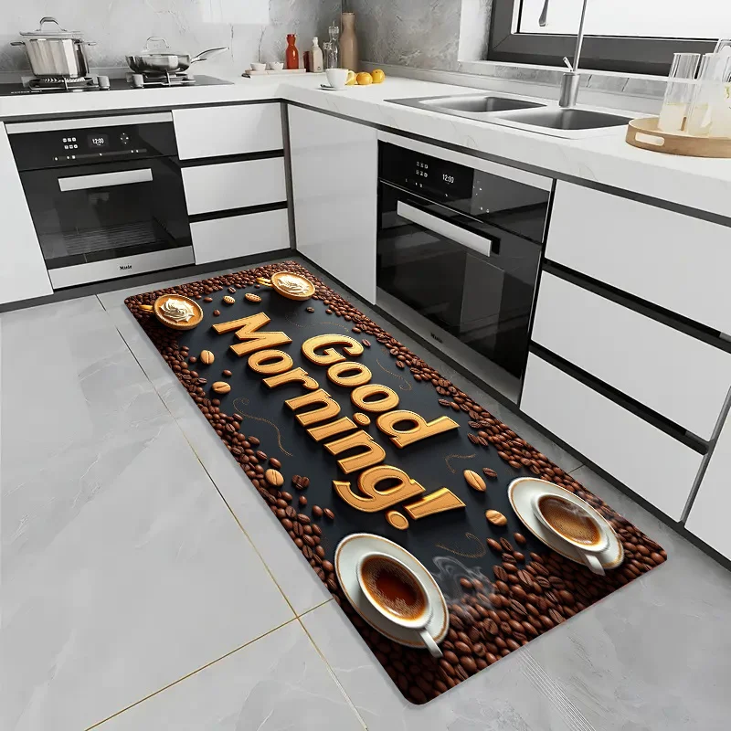 Cool Black Background Coffee Bean Cup Letter Long Runner Rug, washable carpet, cafe decor for kitchen indoor floor space