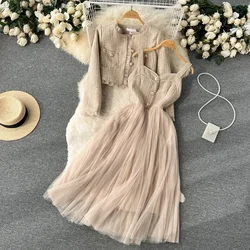 Chic Women Two-Piece Sets Basics O-neck Coat and Casual Sleeveless Straps Mesh Dresses French High Street Autumn Winter Clothing