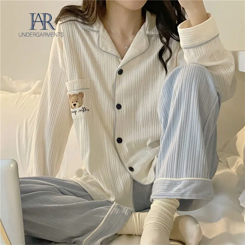 Pajamas Women\'s Autumn and Winter Cardigan Sweet Simple Student Cute Cartoon Spring Loungewear Set