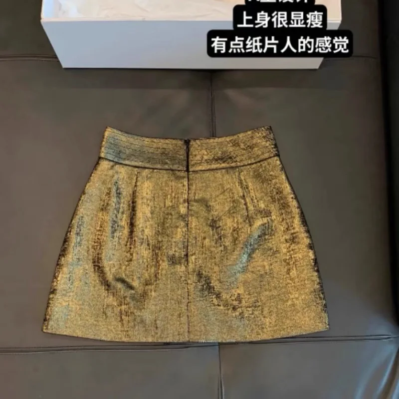 Women Metallic Gold A Line Mini Skirt High Waist Textured Party Clubwear Short Skirt High Waist A Line Skirt