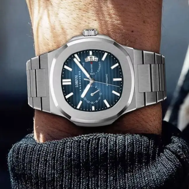 LOBINNI Men Automatic Watch 43mm Square Mechanical Wristwatch Waterproof Sapphire Mirror Luminous Crystal Bezel Date 24 Hours