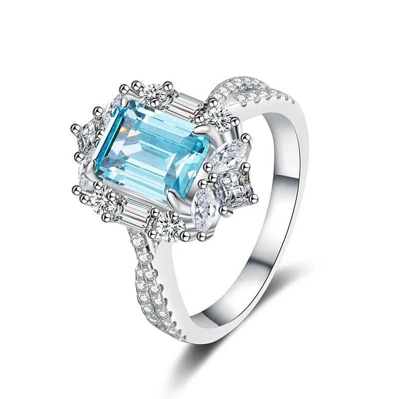 

Luxury Solid Platinum PT950 Women's Luxury Long Square Sea Blue Moissanite Diamond Ring