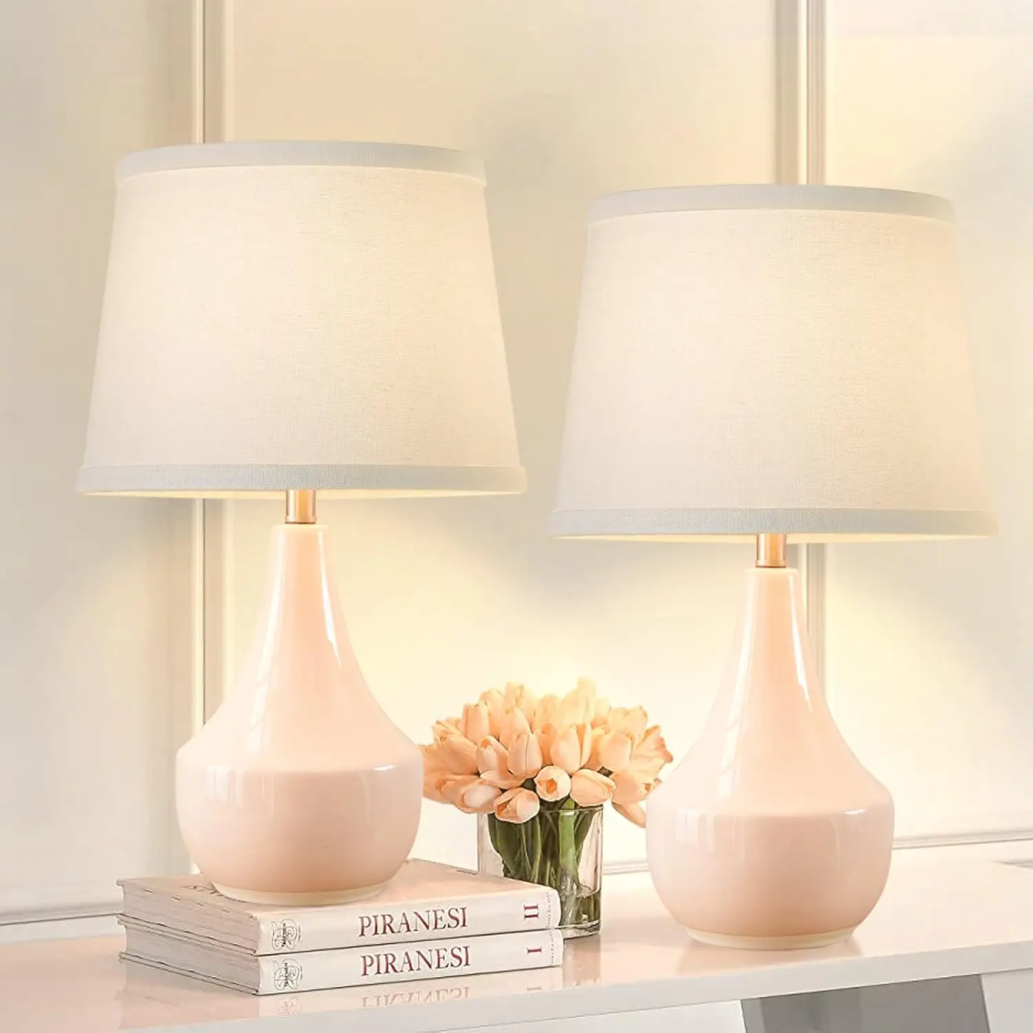 

Set of 2 Ceramic Table Lamps with Pink LED Bulbs, Modern Bedside Nightstand Lamp for Living Room & Bedroom