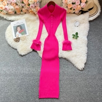 YuooMuoo Chic Fashion Elegant Fur Patchwork Long Sleeve Knitted Dress Autumn Winter Slim Elastic Wrap Hips Bodycon Party Dress