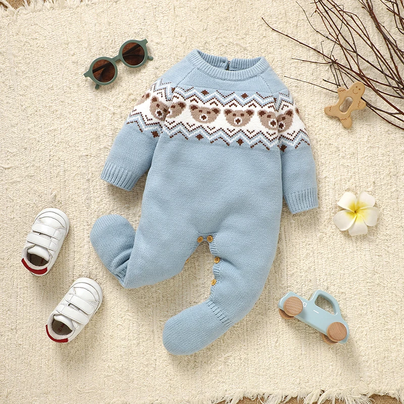 

Autumn Baby Romper Knitted Infant Girl Jumpsuit Long Sleeve Foot Wrap Playsuit Newborn Kid Clothes 0-9M Cute Bears Overalls Warm