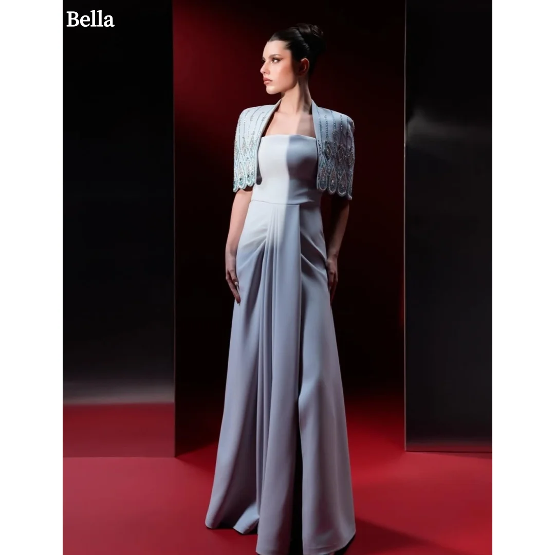 

Bella Customized Blue Crepe Prom Dresses Elegant Strapless vestidos de noche Beaded Cape Elegant Strapless Formal Evening 2026