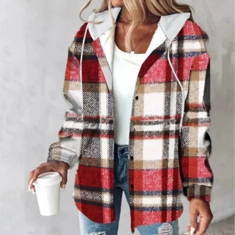 

CPSYMYM Women's Plaid Print Coat Fall Winter Long Sleeve Single-Breasted Drawstring Hooded Jacket Hoodie Daily Casual Coats For
