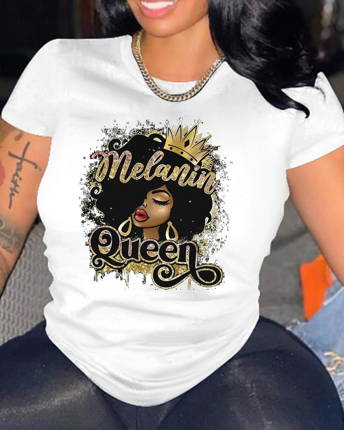 Camiseta gráfica casual feminina, blusa com gola redonda, roupa estampada da moda, primavera e verão, nova