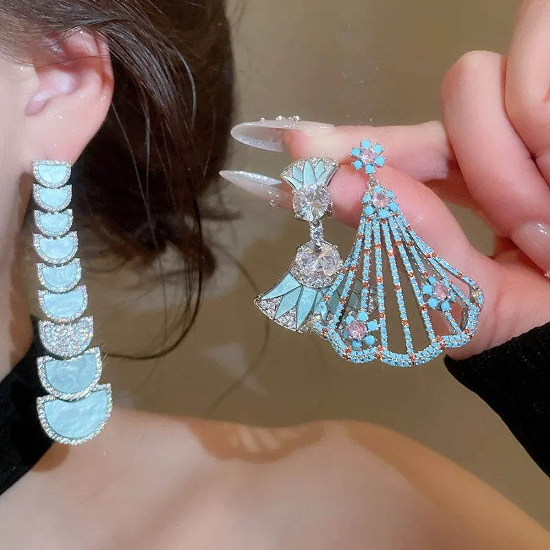 

Minar New Luxury 3 Designs Blue Acetate CZ Cubic Zirconia Sector Hollow Flower Tassel Long Dangle Earrings for Women Brincos