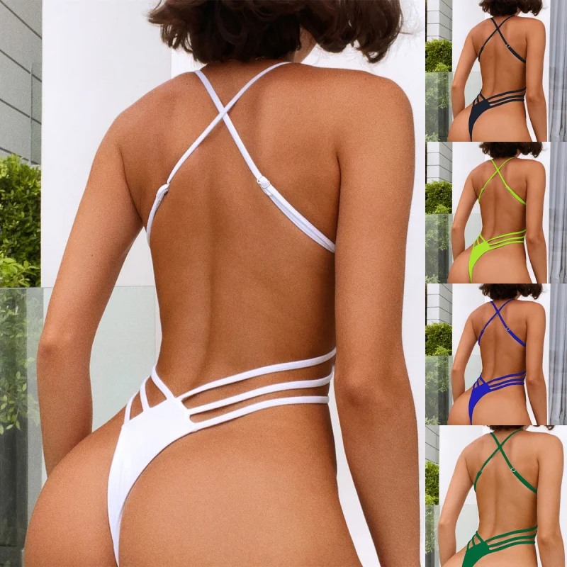 

Chic Double New One-Piece Swimsuit Pure Color Bikini Swimsuit Female Backless Swimsuit Sexybikini6455