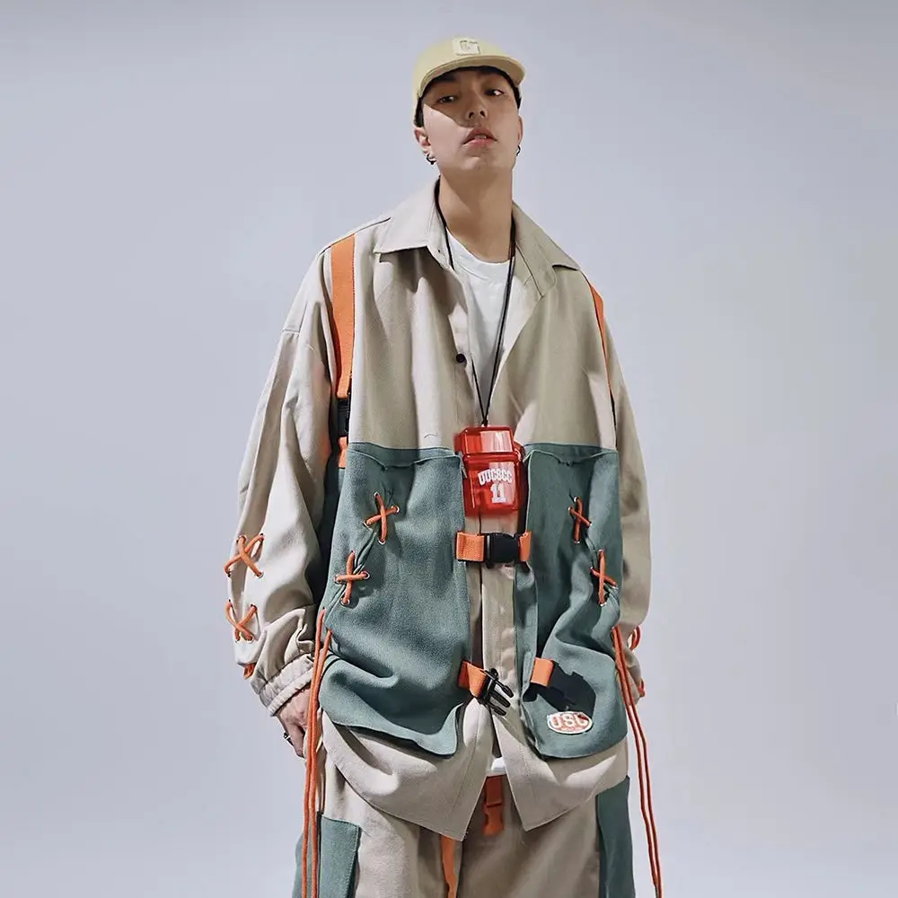 Hip Hop Oversize Cargo Shirts Men Long Sleeve Button Up Shirt Coat Harajuku Patchwork Vintage Streetwear Safari Style