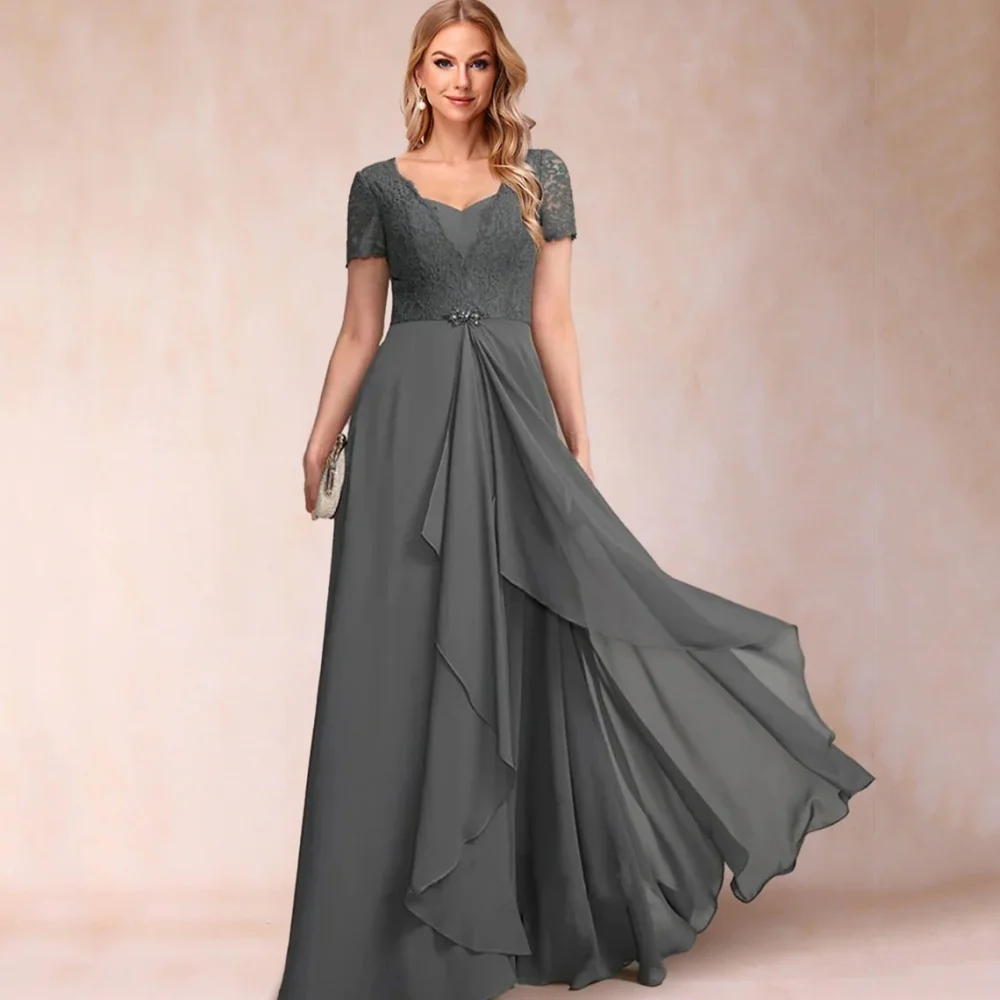 

Mother Dresses Vintage Customized A Line Bride Party Dress Lace Occasion Gown Chiffon Short Sleeves robes invitée mariage