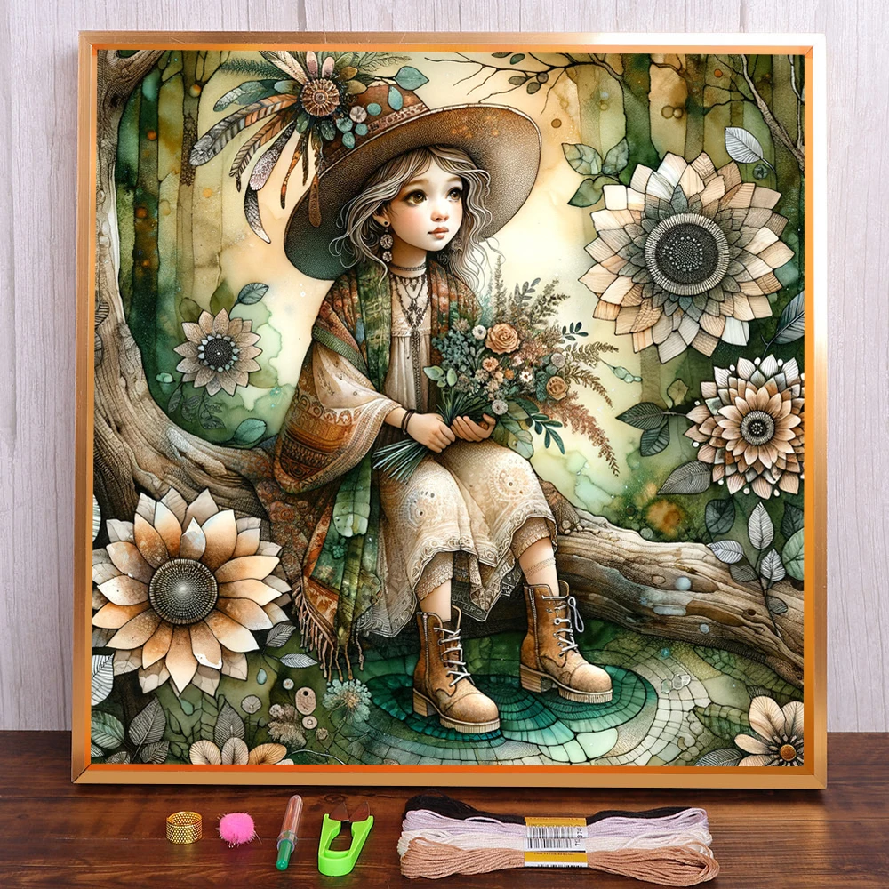 

Portrait Girl Printed Canvas Cross-Stitch DIY Embroidery Complete Kit Handicraft Handiwork Handmade Knitting Gift Design Floss