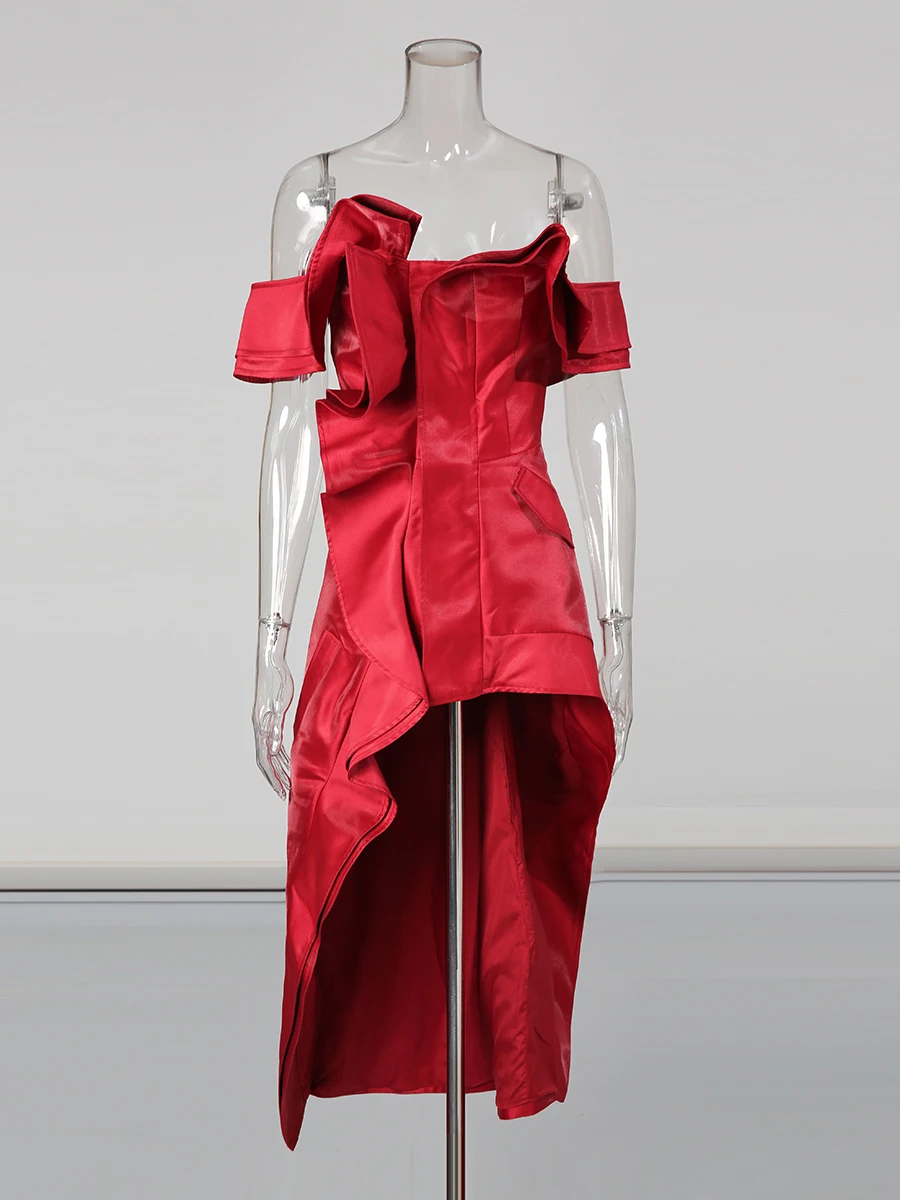 VGH Sexy Gesplitste Onregelmatige Plooien Midi Jurk voor Vrouwen Slash Hals Korte Mouw Patchwork Rits Prom Jurken Vrouwelijke Zomer Stijl